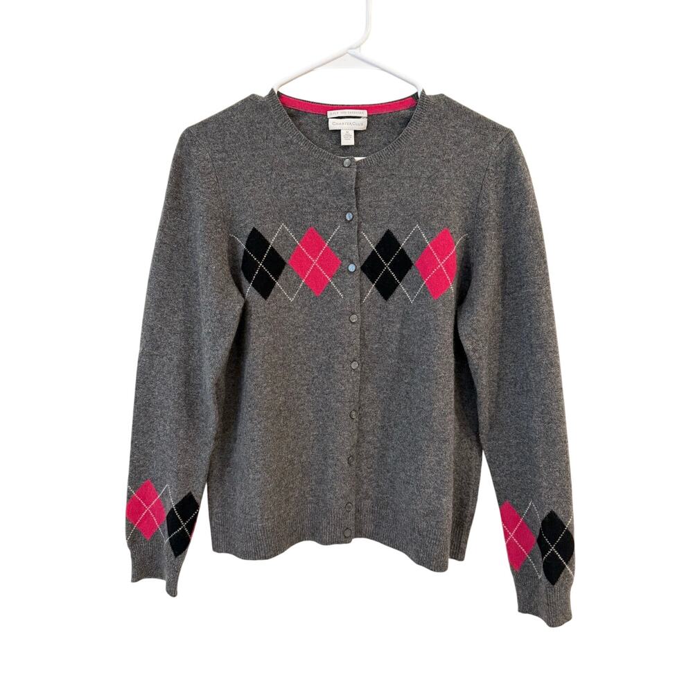 Charter Club 100% Cashmere Argyle Y2K Cardigan Sweater Gray Women's Size Medium
